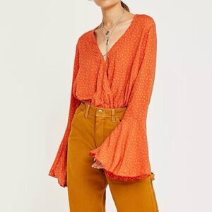 Free People Making Waves Bodysuit Orange Polka Dot Bell Cuff size M Boho Party